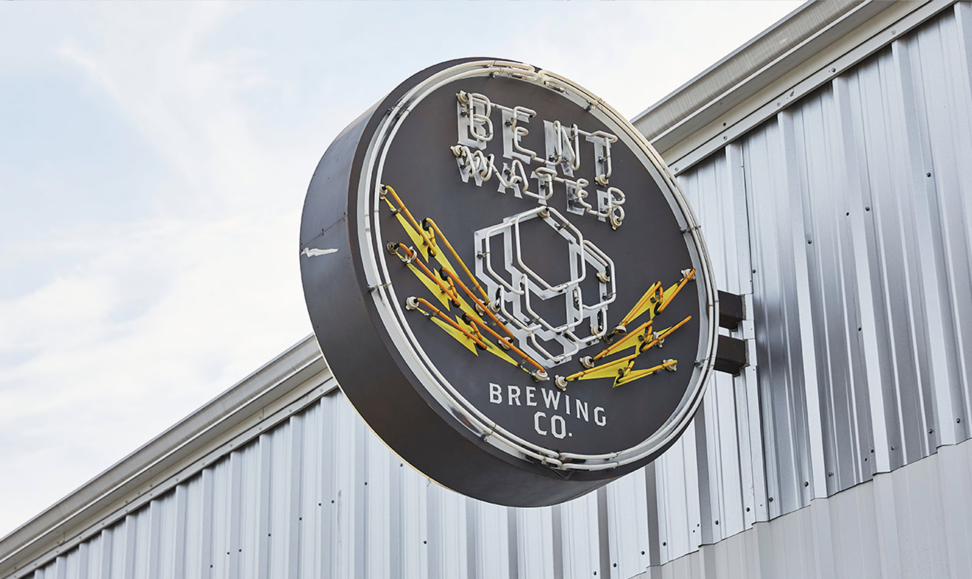 Round neon sign for Bent Water Brewing Co.